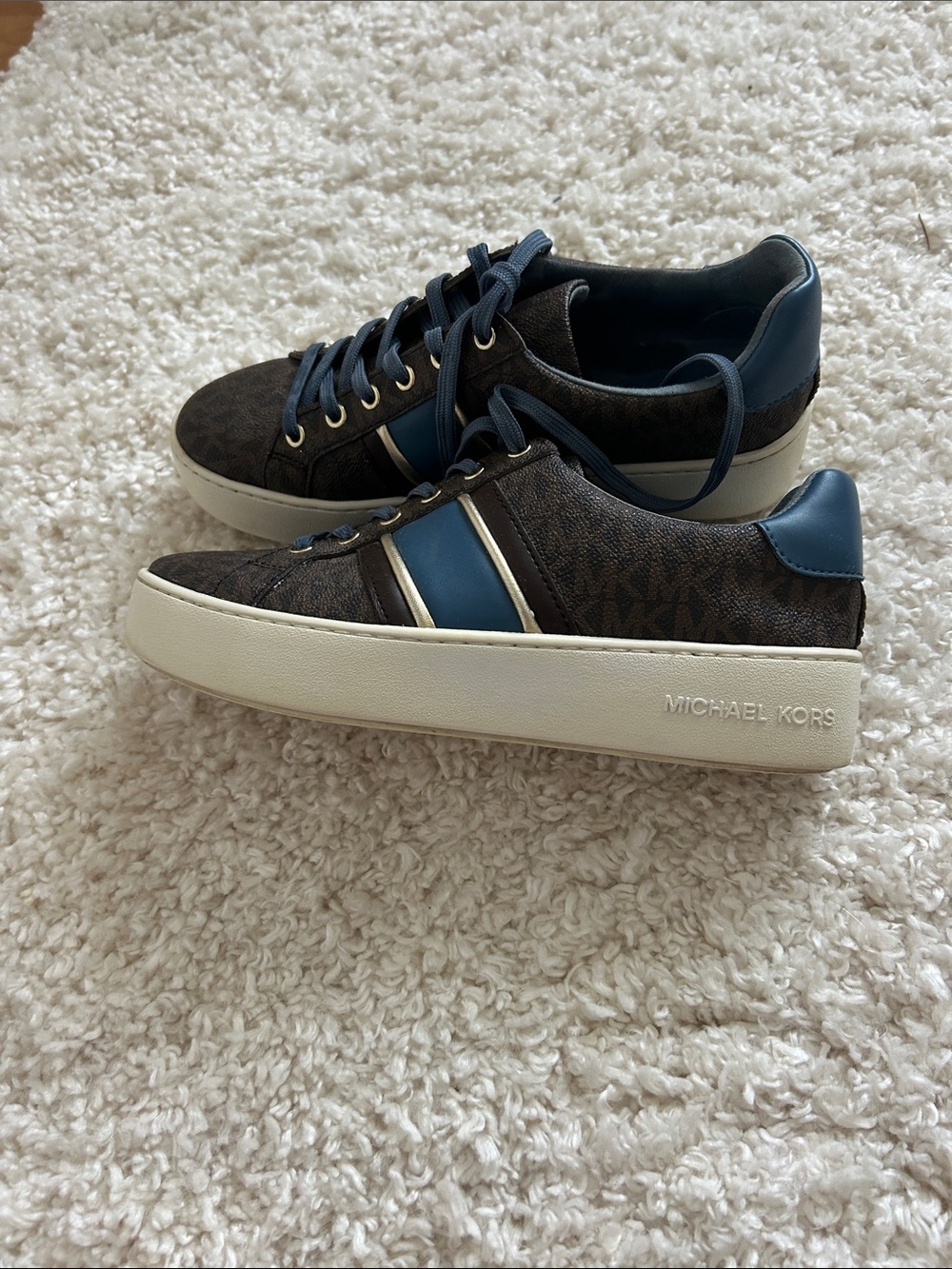 Michael Kors Brown MK Monogram Sneakers with Blue Accents